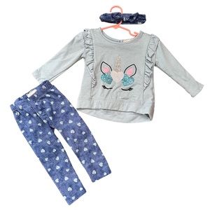 Btween girls 18 months 3 piece set headband, sweater bottoms blue unicorn kids